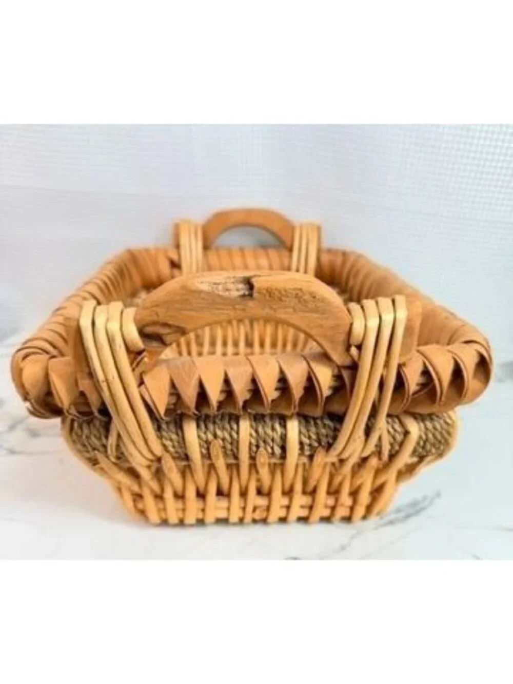 Vintage Hand Woven Splint Wood Porcupine Twist Gathering Basket Boho Rustic
